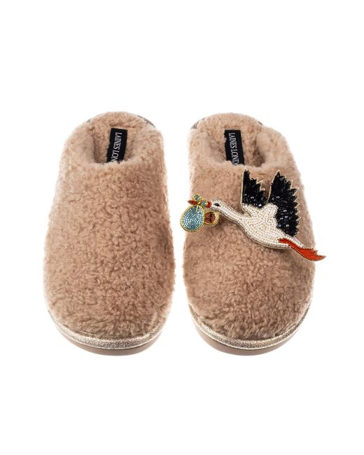 Laines London Natural Neutrals Toffee Teddy Closed Toe Slippers With Baby Boy Stork Brooches