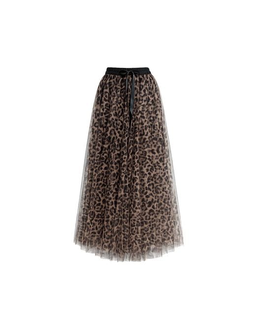 Tantra Spain Sl Brown Multi-Layered Tulle Midi Skirt, A-Line Cut, Animal Print, Elastic Waistband