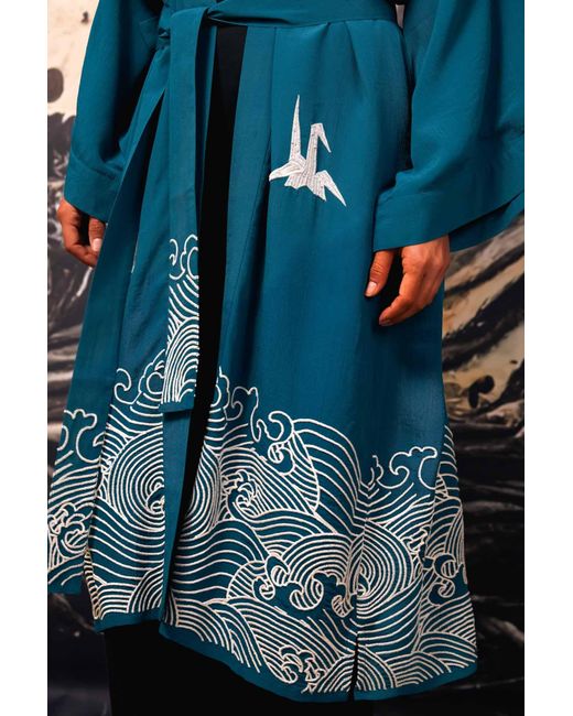 Artemis Muse Blue Origami & Hokusai Wave Embroidered Fully Lined Deep Long Kimono