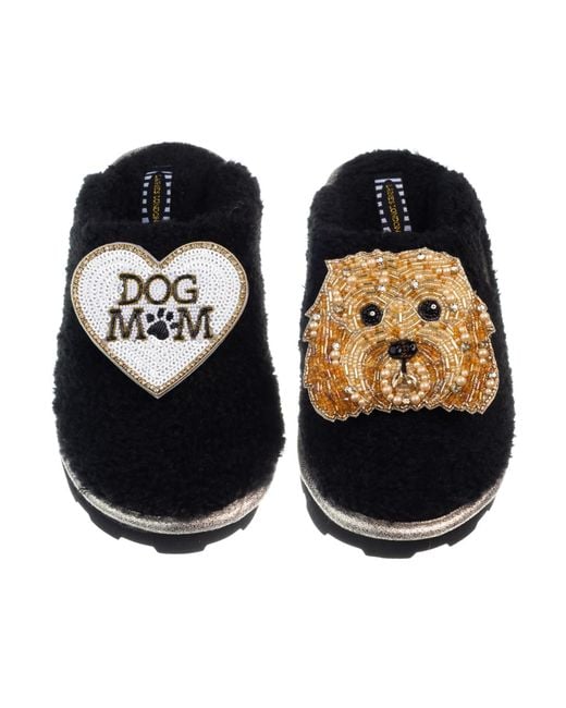 Laines London Black Teddy Closed Toe Slippers With Enki Doo The Cockapoo & Dog Mum Mom Brooches