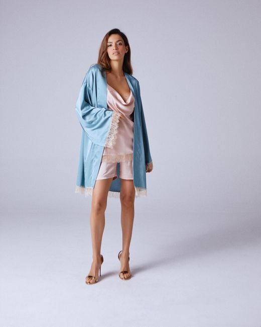 Noblesse Oblige Blue Duck Egg Long Lace Trimmed Robe