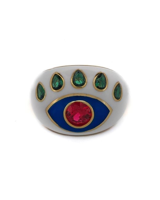 Ebru Jewelry Green Guardian Ruby & Emerald Evil Eye Enamel Adjustable Ring