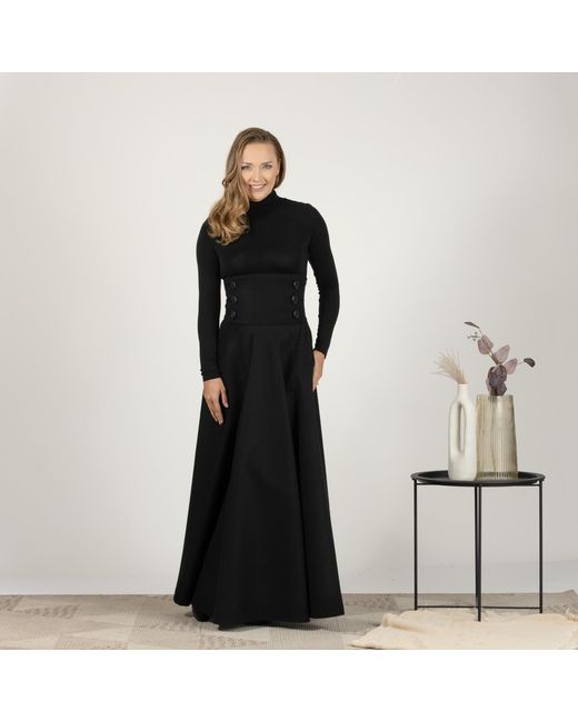 Nikka Place Black Wool Floor Length Skirt With Hight Waist & Front Buttons