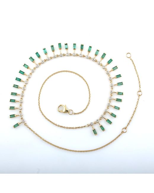 Artisan Metallic Natural Baguette Emerald & Diamond Bezel Set In 14k Gold Choker Fringe Necklace