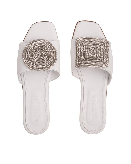 Beautiisoles by Robyn Shreiber Made in Italy White Adeline Flat Leather Slide Comfortable & Dressy Wedding & Day & Evening