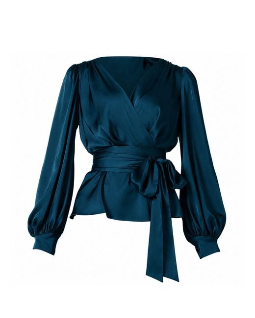 SACHA DRAKE Blue Satin Faux Wrap Top