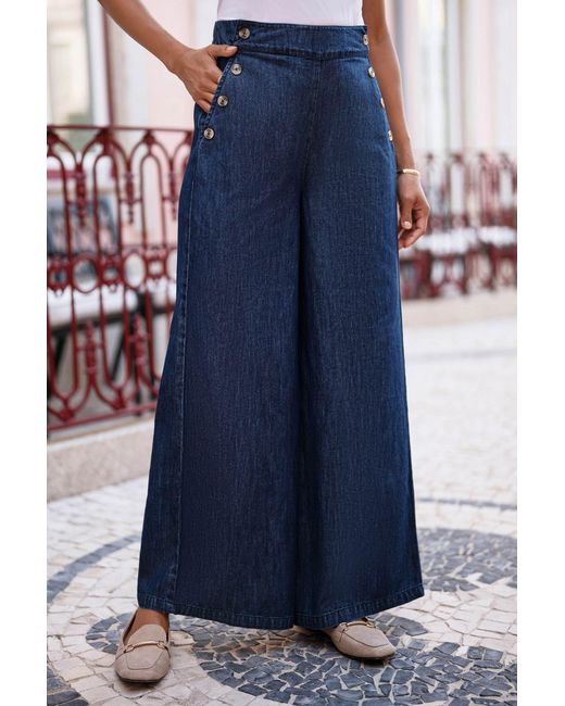 Yumi' Blue Chambray Wide Leg Trousers With Button Details