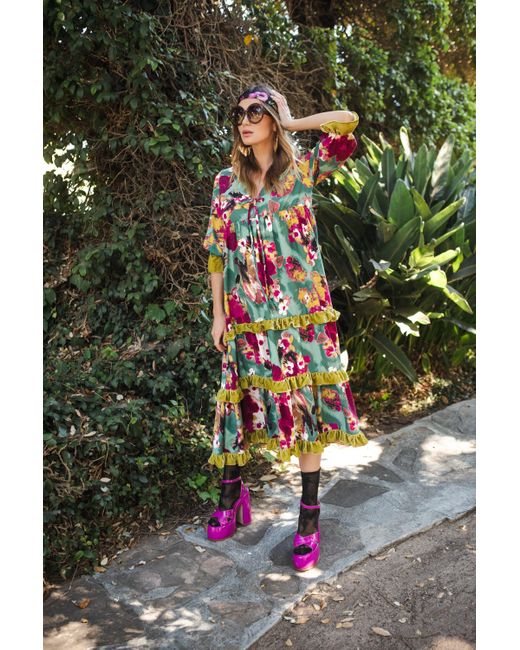 Jennafer Grace Blue Fuchsia Fae Velvet Ruffle Maxi Dress