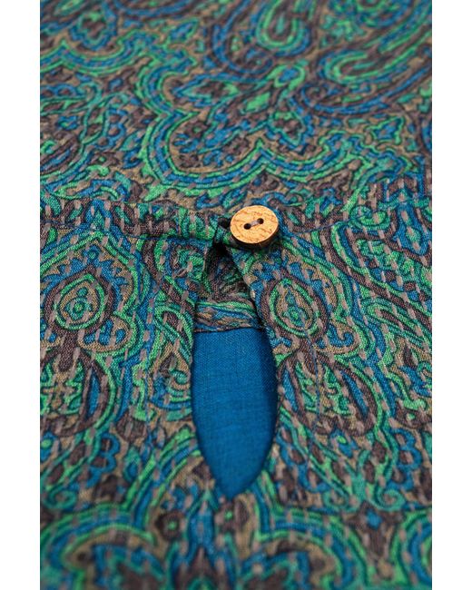 Stovaria Blue Embroidered Pure Tussar Silk Sleeveless Top With Wooden Button