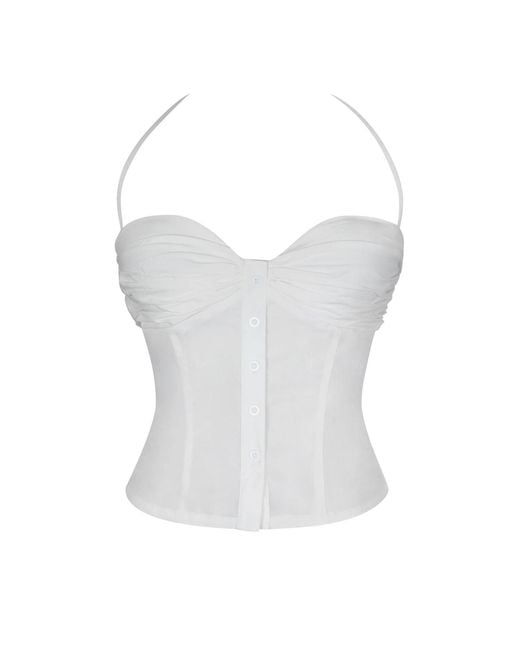 Miss Circle New York White Waverly Cotton Poplin Button-Front Sweetheart Halter Top