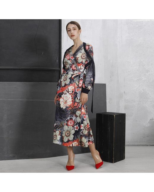 Smart and Joy Red Wrap Dress With Flower Print And Satin Bias