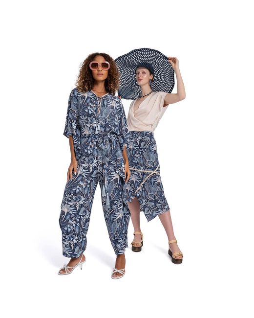 Lalipop Design Blue Floral Print Jumpsuit With Fluttering Cape Sleeves