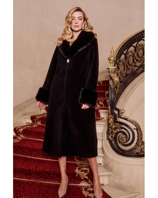 Santinni Black Sunset Boulevard Long Wool Coat With Faux Fur Collar