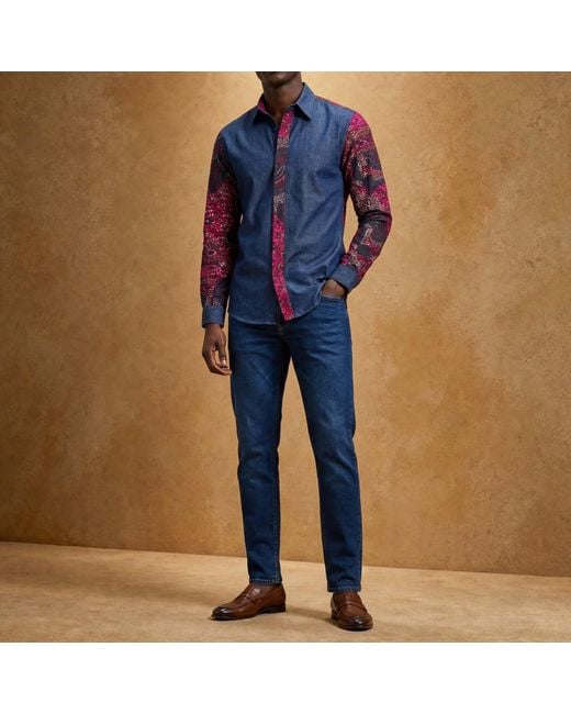 Ohema Ohene Blue Denim & African Print Cotton Shirt – Contrast Panel for men