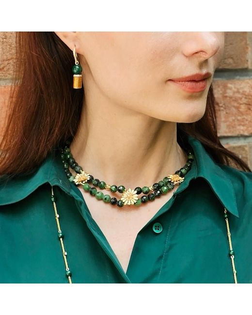 Farra Green Golden Coral With Malachite Dangle Earrings