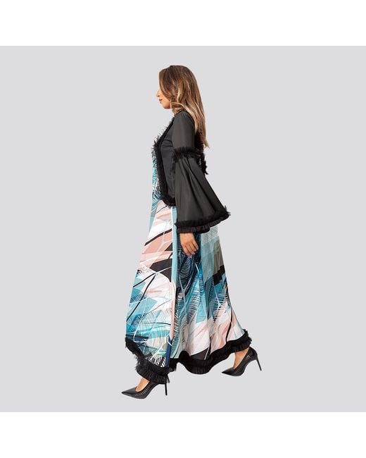 Maison Bogomil Blue Flared Maxi Dress, Edged With Tulle, With Tropical Print