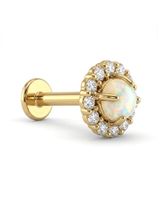 Zahav Jewelry Metallic 14K Solid 18G 8Mm Opal & Round Cz Internally Threaded Flat Back Stud