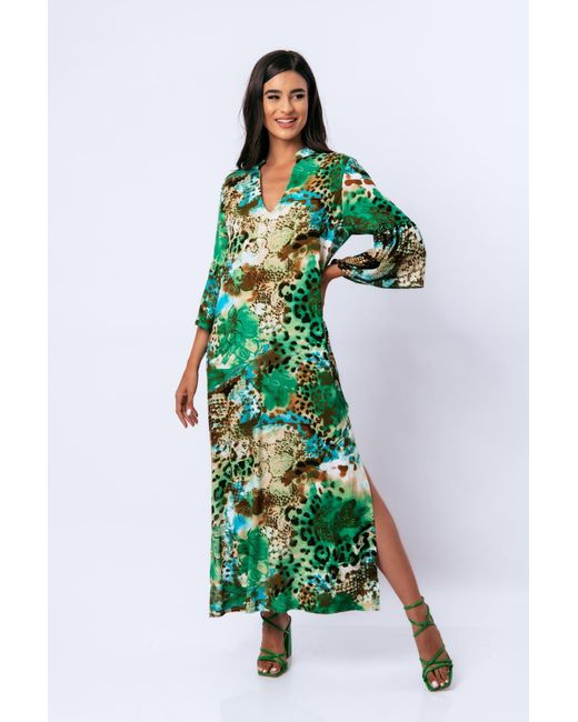 Conquista Green Animal Print Kaftan Style Maxi Dress