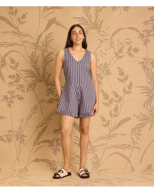Known Supply Purple Striped Ruffle Romper