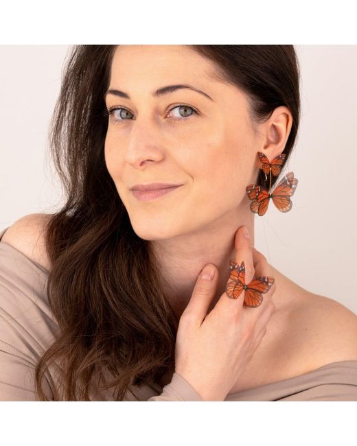 Oana Savu Orange Silk Butterfly Earrings Monarch Wings Lightweight Dangles