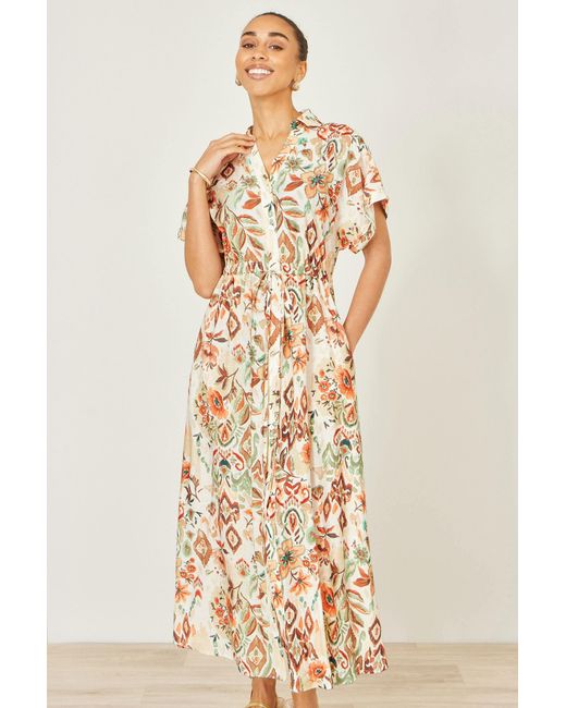 Yumi' Metallic Neutrals Ivory Viscose Relaxed Boho Print Maxi Shirt Dress