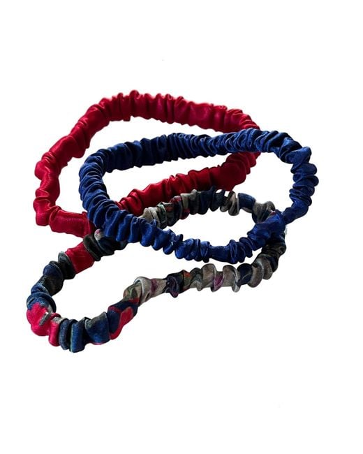 Soft Strokes Silk Blue Set Of Three Pure Mulberry Silk Skinny Scrunchies Weekly Special Hair Ties Midnight Garden