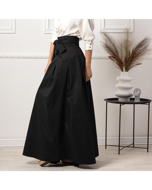 Nikka Place Black Maxi Cotton Elegant Skirt With Front Bow & High Waist