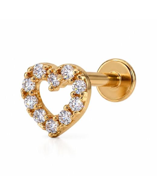 Zahav Jewelry Metallic 14K Solid 18G 8Mm Heart Round Cz Pave Internally Threaded Flat Back Stud
