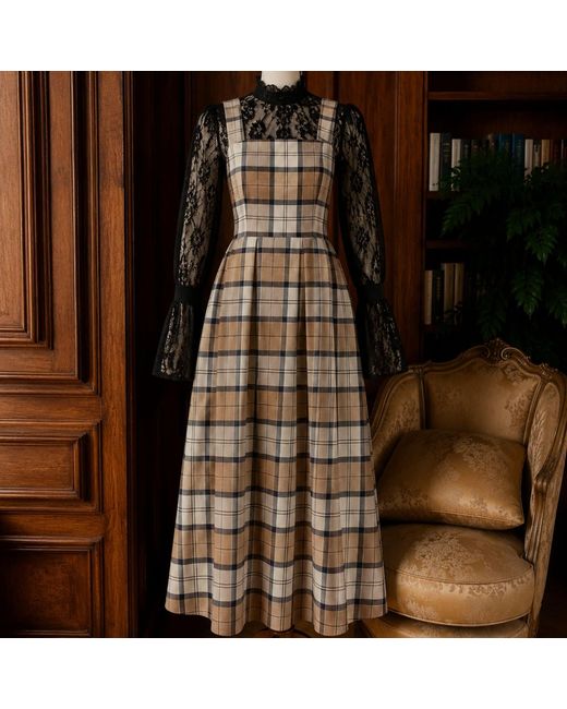 NUMBAT Brown Lavinia Pinafore Tartan Wool Midi Dress Broun
