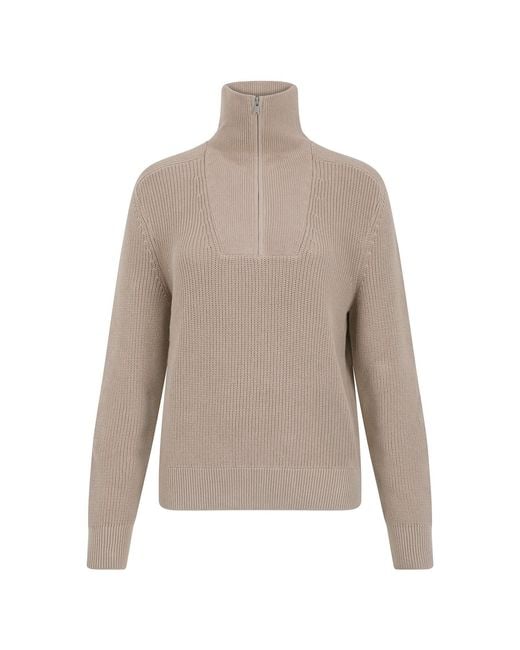Paul James Knitwear Gray Neutrals Midweight Cotton Caitlyn Troyer Zip Neck Ribbed Jumper