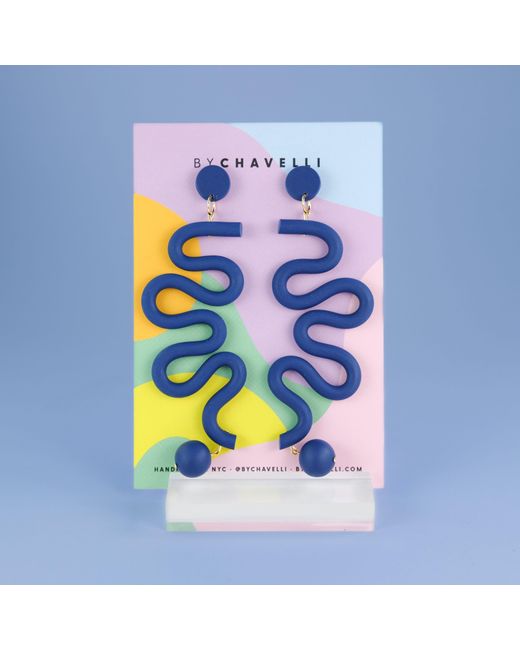 By Chavelli Blue Tube Squiggles Dangly Statement Earrings