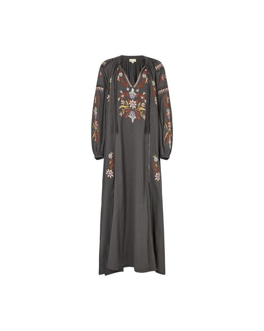 Raffya Gray Elisa Kaftan Style Embroidered Maxi Dress