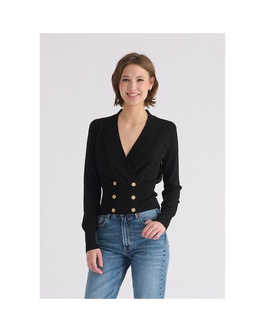 Paisie Black Long Sleeve Knitted Button Wrap Top