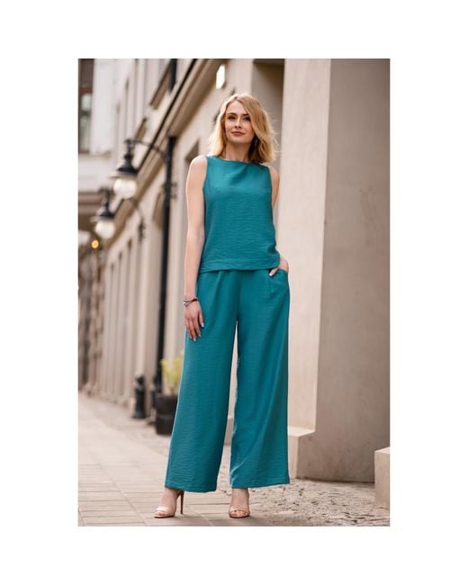 Oh!Zuza Blue Matte Viscose Top & Wide-Leg Trousers Set