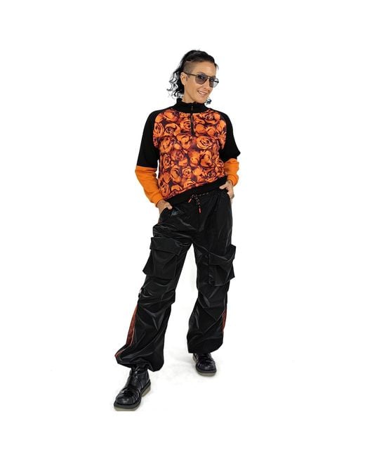 Lalipop Design Black Velvety Look Cargo Pants With Straps