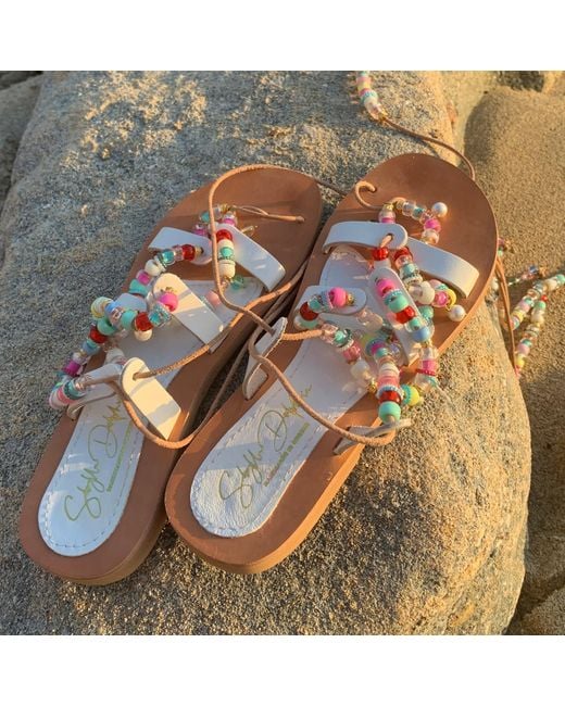 Sibylla Delphica White Neutrals Leather Sandals With Beads