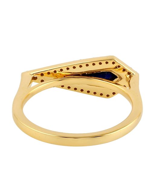Artisan Metallic 18k Yellow Gold With Kite Shape Lapis & Pave Diamond Geometric Ring