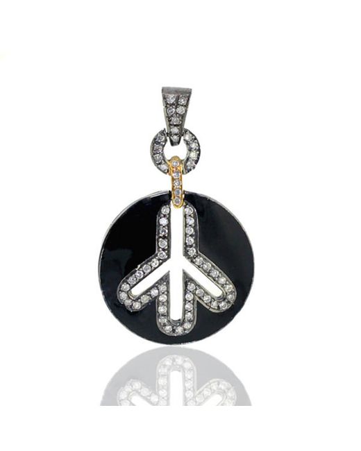 Artisan Black 18k Gold & 925 Silver In Pave Diamond Peace Sign Symbol Enamel Charm Pendant
