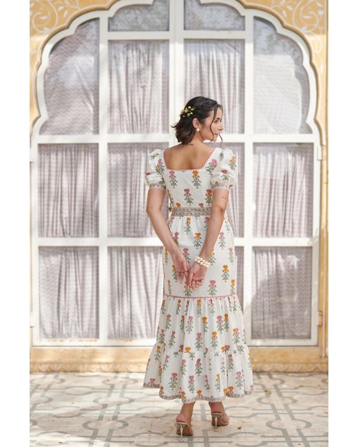 Echo of Pink White Juliet Hand Block Print Maxi Dress