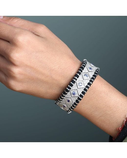 Artisan Black 925 Sterling Diamond & Tanzanite Cord Statement Bracelet