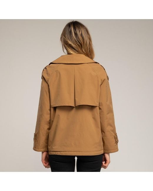 Tantra Spain Sl Brown Neutrals Short Quilted Trench Coat With Double-Breasted Buttons, Side Pockets, And Flared Back Camel