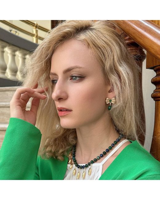 Farra Green Butterfly Bow With Malachite Dangle Earrings