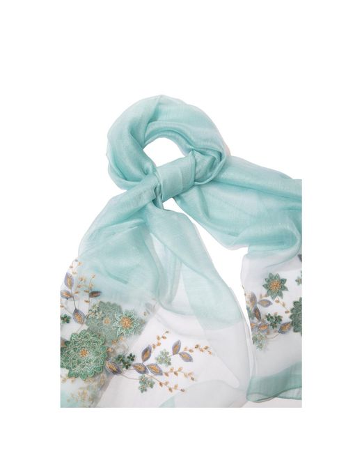Saachi Blue Floral Embroidered Silk Aqua Scarf