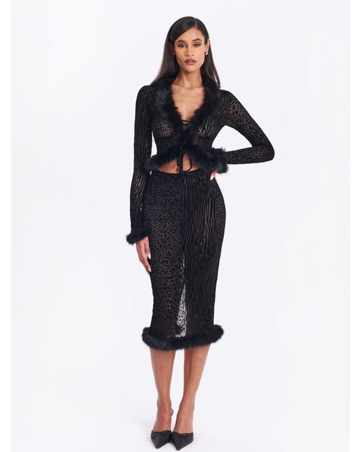 Miss Circle New York Black Hali Animal Print Burnout Velvet Fur Trim Top