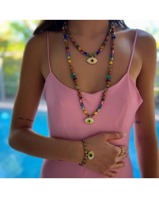 Ebru Jewelry Metallic Evil Eye Pendant Colorful Beaded Good Vibes Necklace