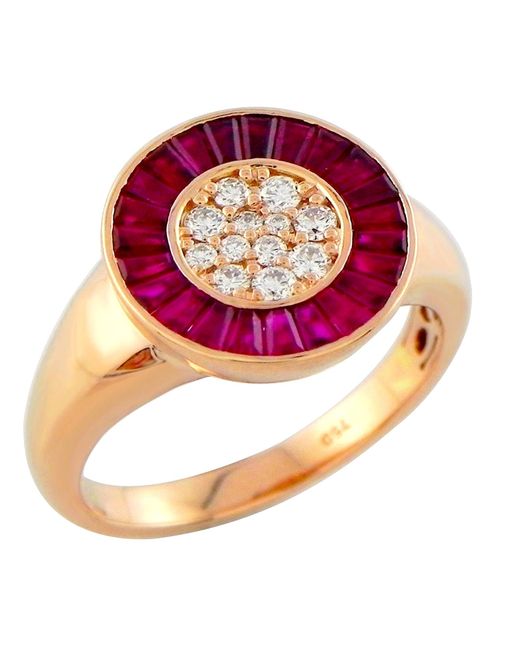 Artisan Pink 18k Yellow Solid Gold In Natural Baguette Ruby & Diamond Luxury Cocktail Ring