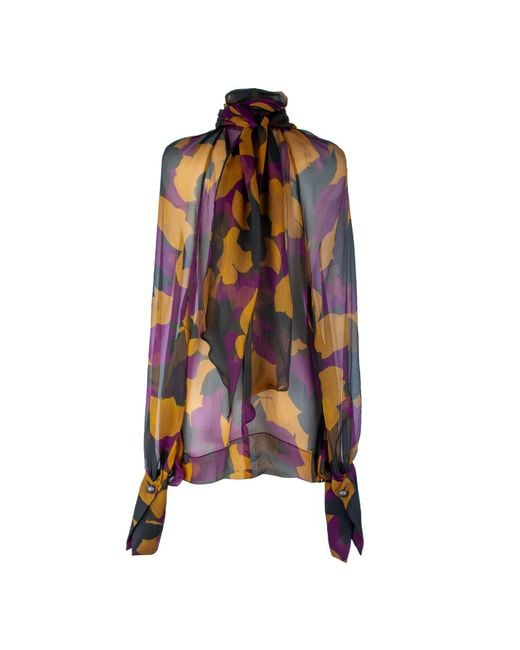 Rua & Rua Multicolor Sheer Silk Shirt Blouse With Bow Collar Multicolour
