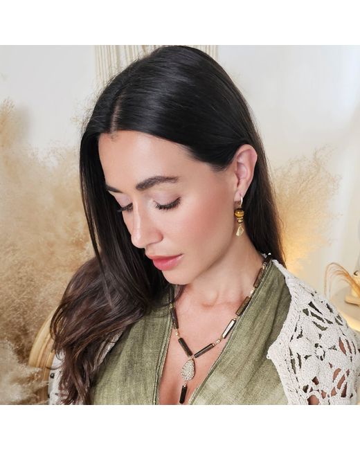 Farra Metallic Elegance Tiger-Eye Stone With Fan Dangle Earrings