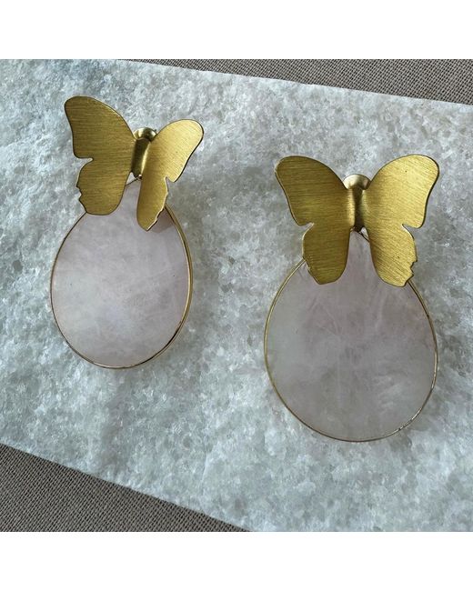 Rare Matters Jewelry Brown Spring Butterfly Rose Quartz Statement Earrings