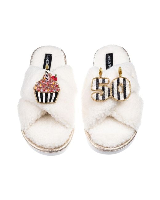Laines London White Neutrals Laines Neutral Boucle Slippers With Stripe 50Th Birthday & Cake Brooches